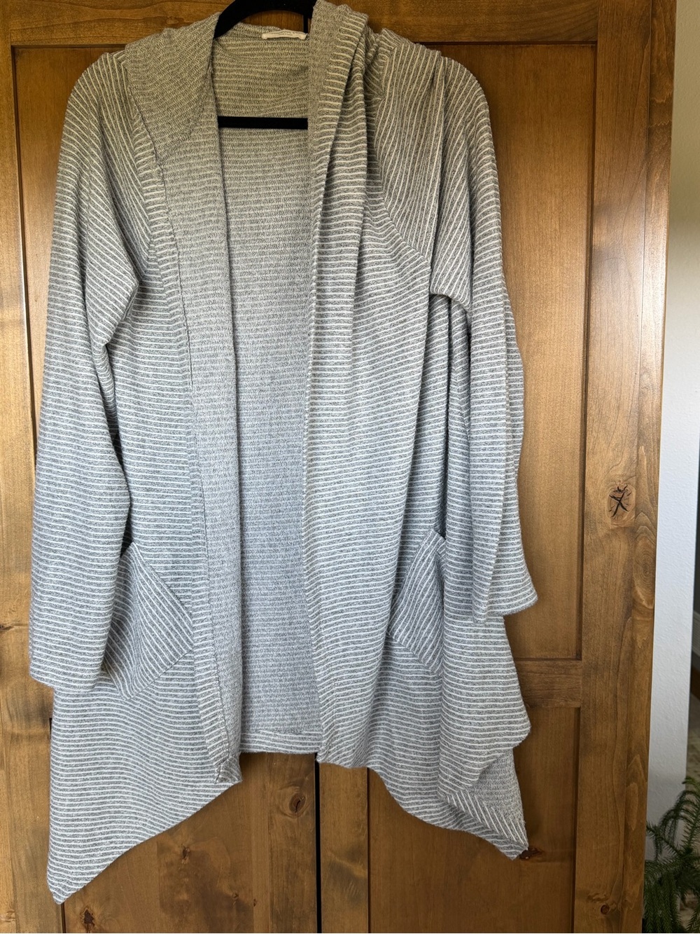 Chic Soul 2X Gray Striped Hooded Cardigan Waterfall Hem Pockets Made USA